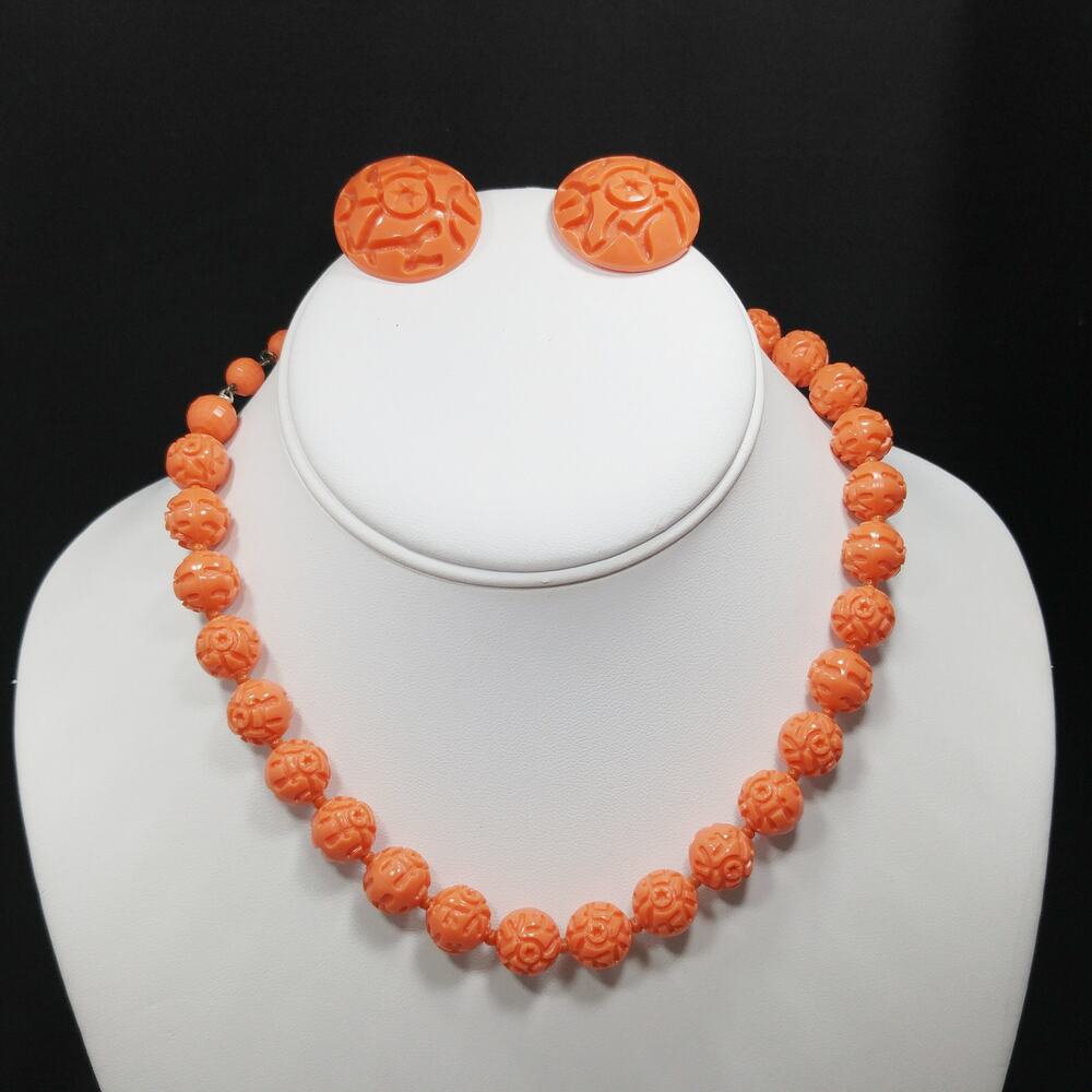 Vintage Coral Lucite Bead Necklace Earrings Set 1950s Floral